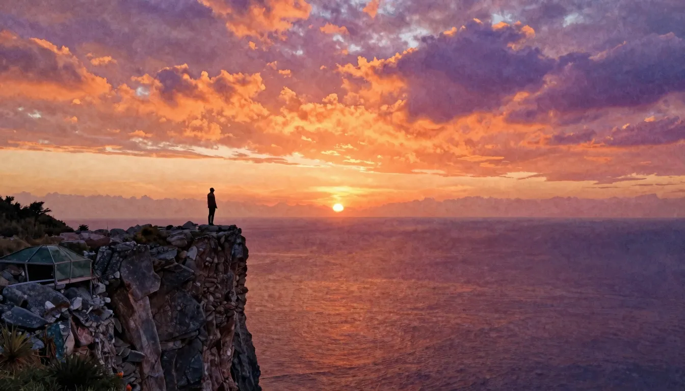 Watercolor style. A vibrant sunrise over a calm ocean, a lon...
