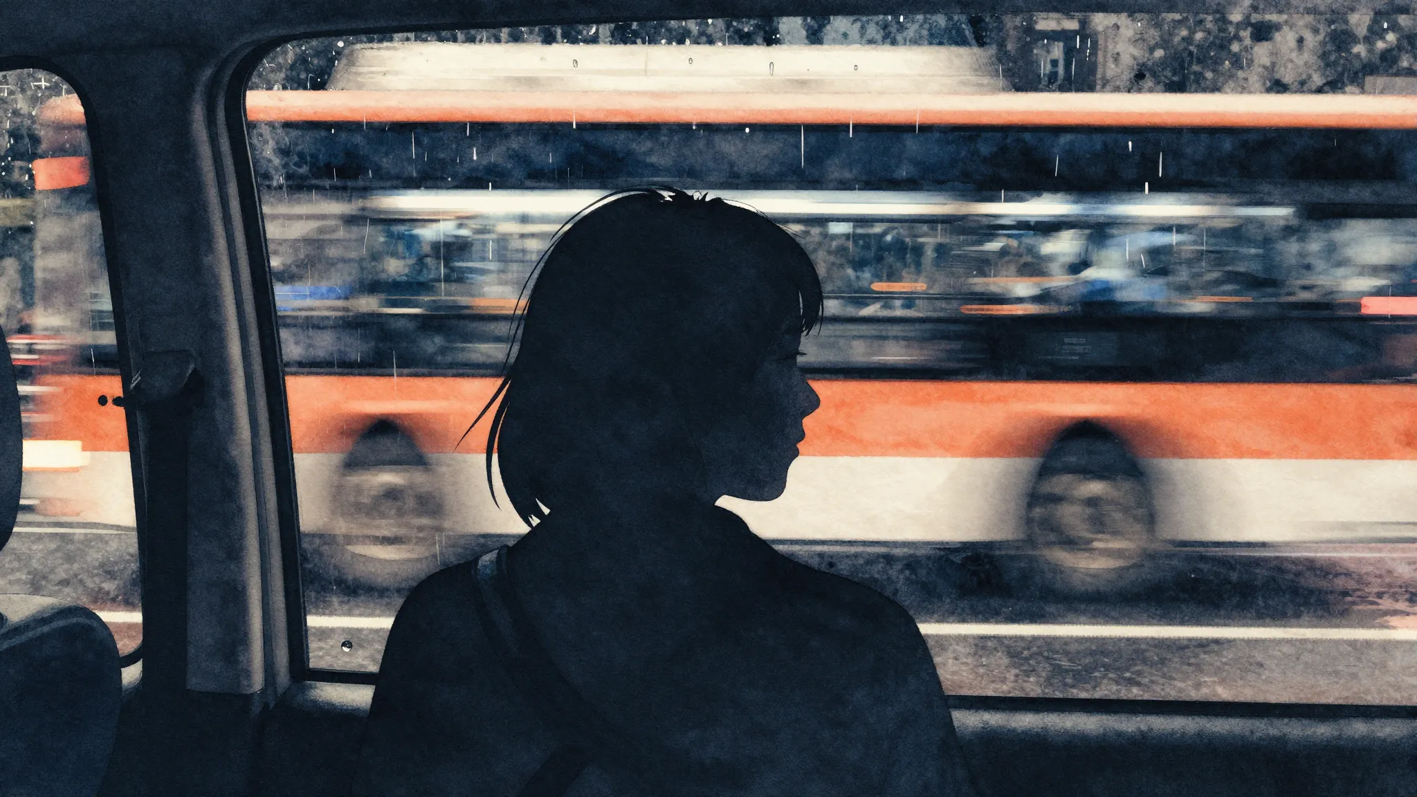 Watercolor style. A silhouette of a person looking out of a ...