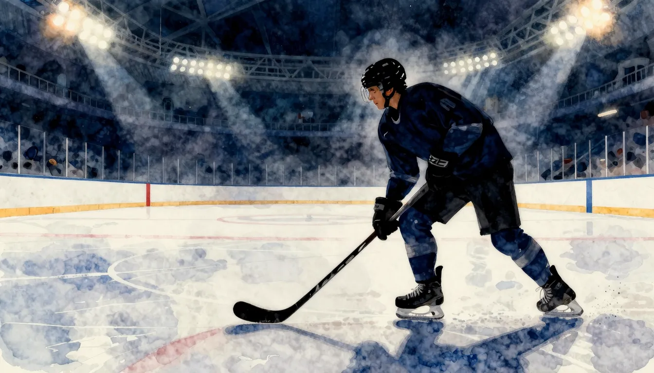 Watercolor style. Silhouette of a hockey player raising a st...