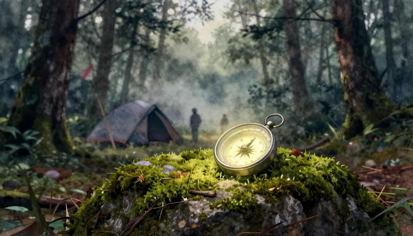 Watercolor style. An abandoned campsite in a deep forest at ...