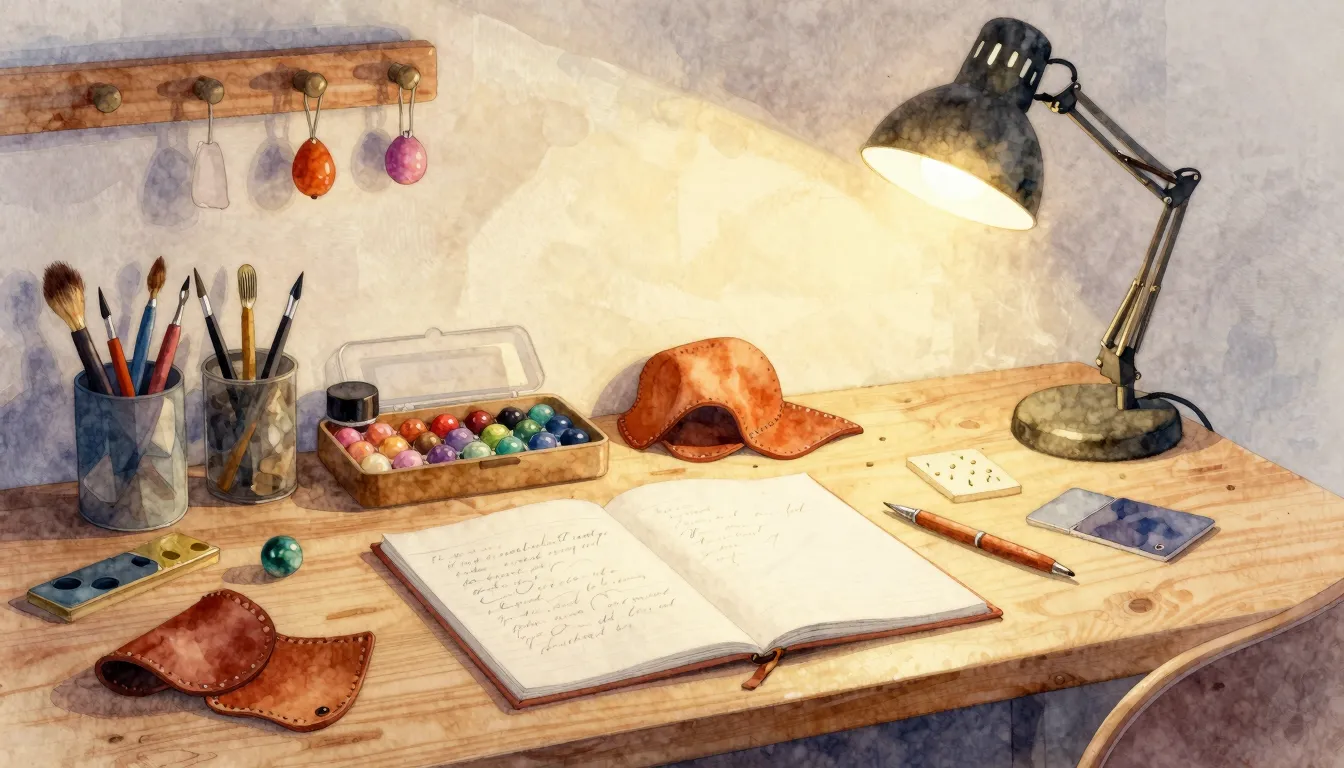 Watercolor style. A cozy artisan workshop desk with crafting...