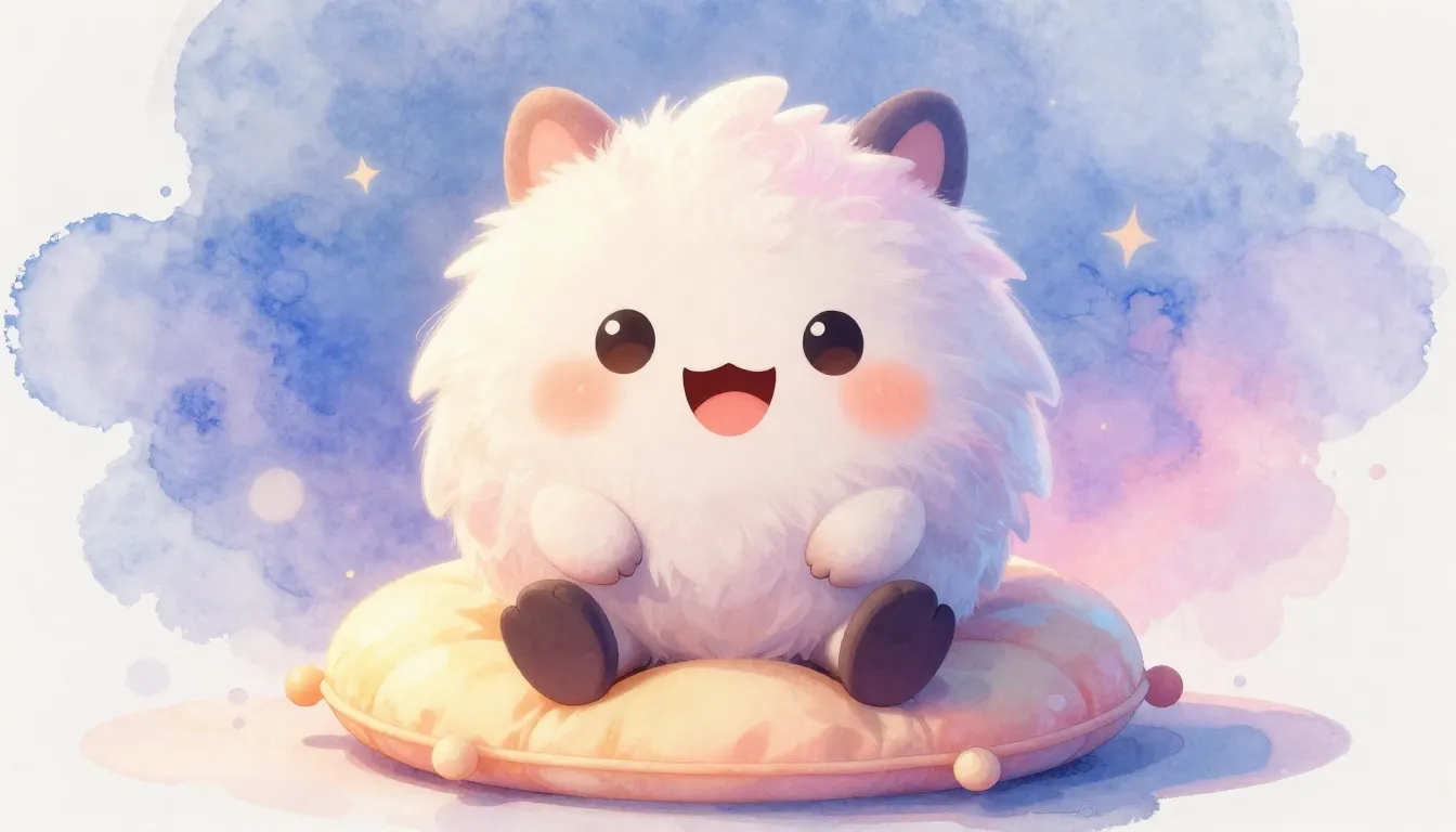 Watercolor style. A cute, fluffy fantasy creature with a wid...