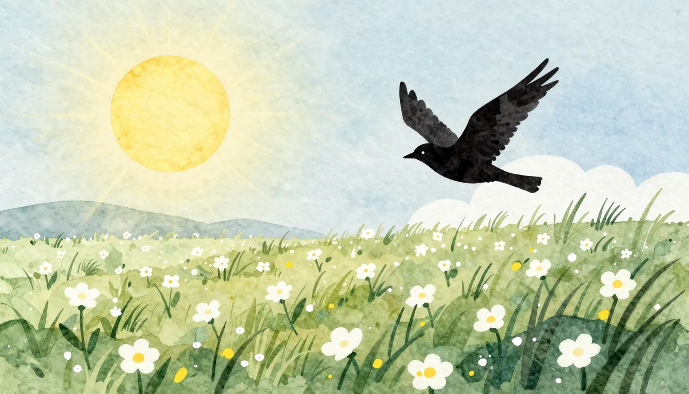 Watercolor style. Silhouette of a bird flying over a bloomin...