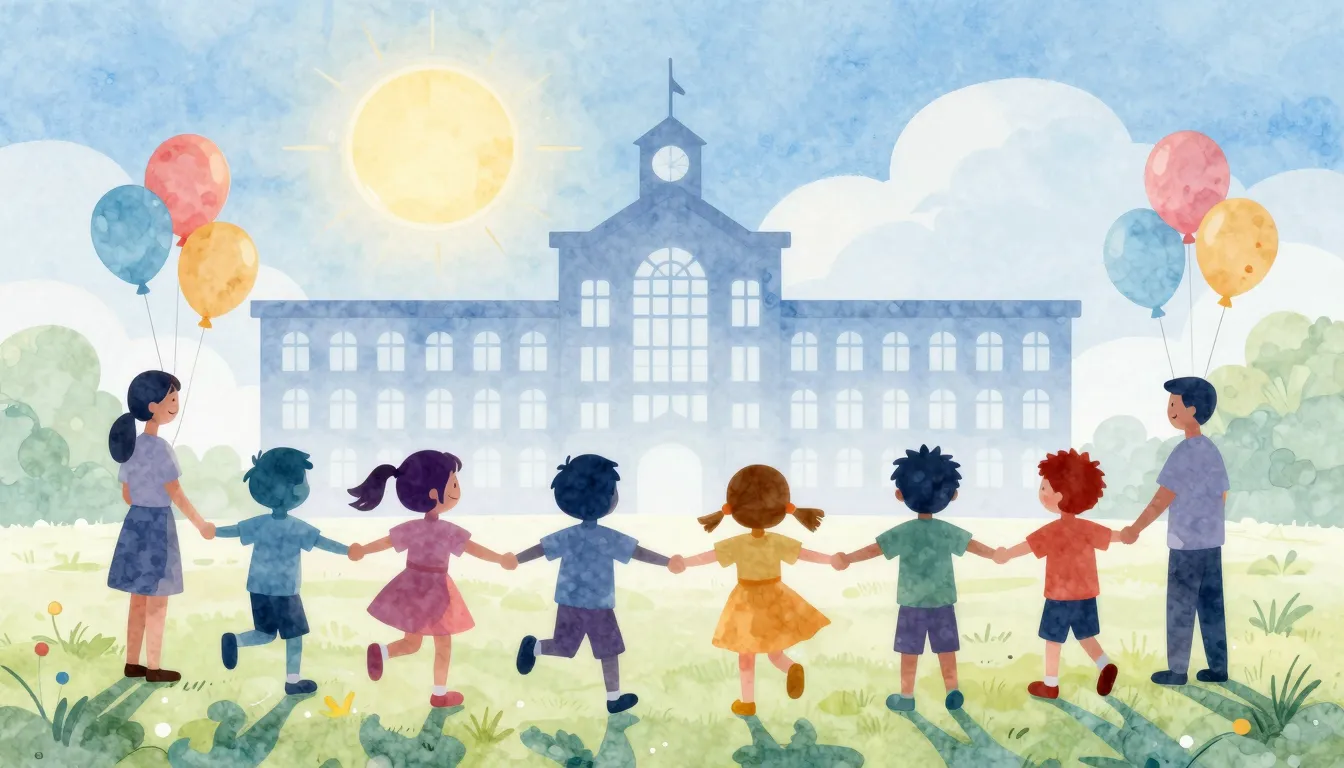 Watercolor style. Silhouettes of happy children and adults h...
