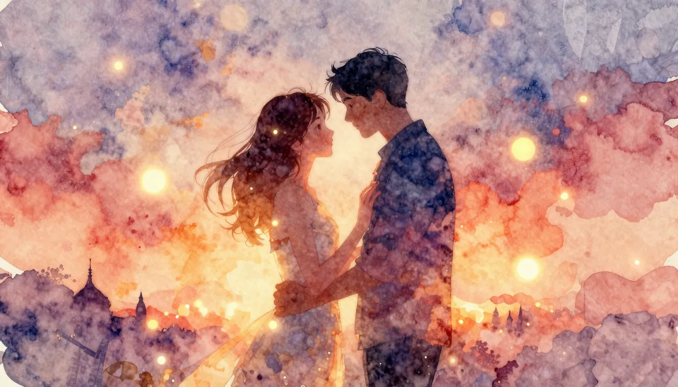 Vibrant watercolor style. Romantic, warm, anniversary, love,...