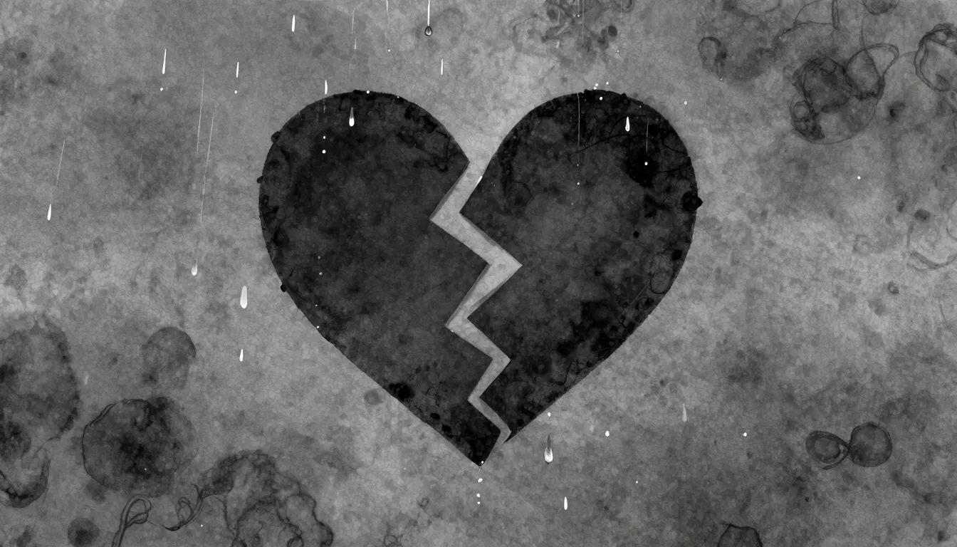 Watercolor style. A dark silhouette of a broken heart on a g...