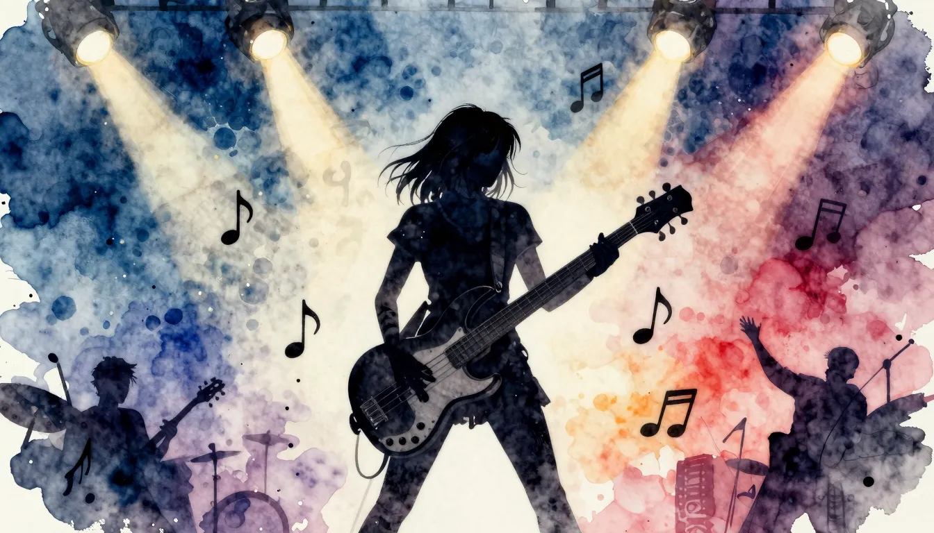 Watercolor style. Silhouette of a girl playing a bass guitar...