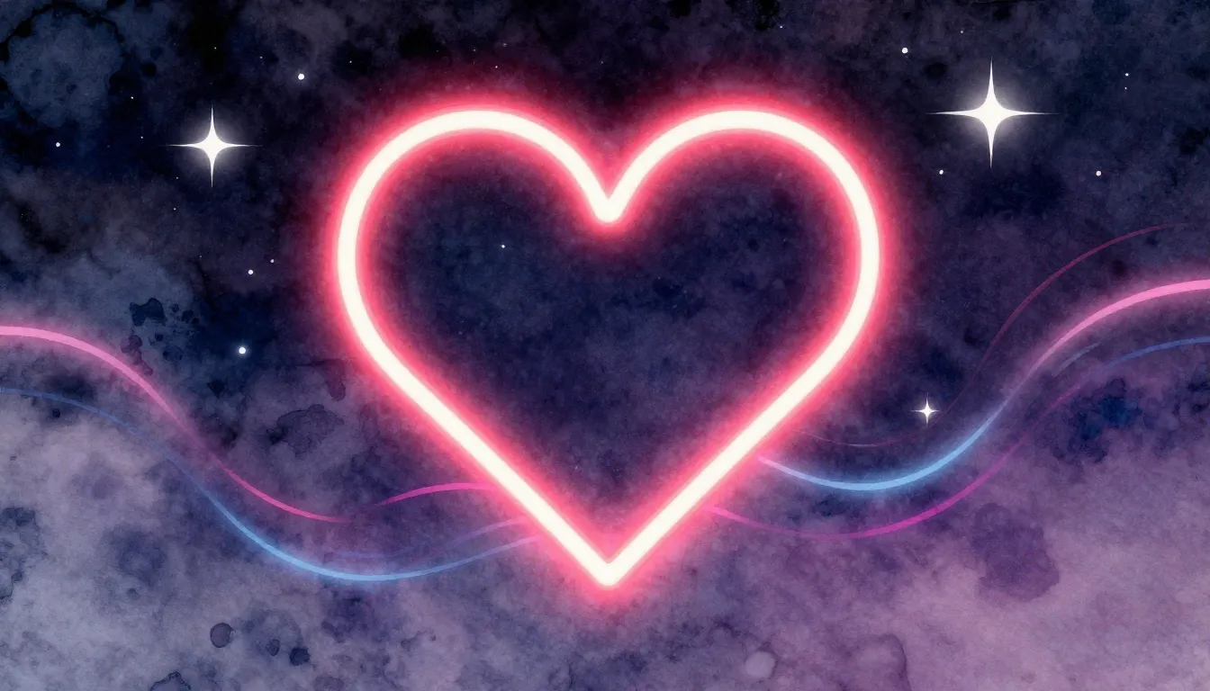 Watercolor style. A bright neon glowing heart silhouette aga...