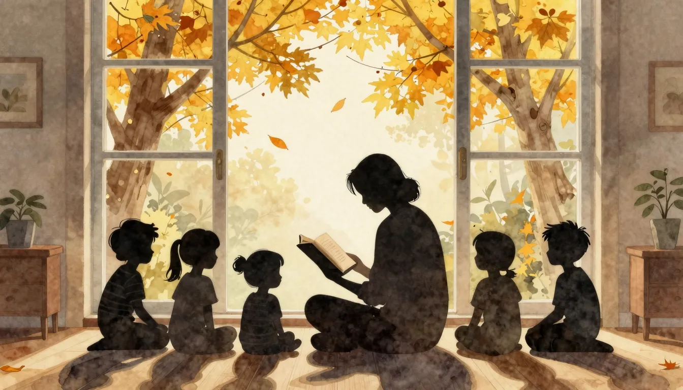 Watercolor style. A silhouette of a person reading a book to...