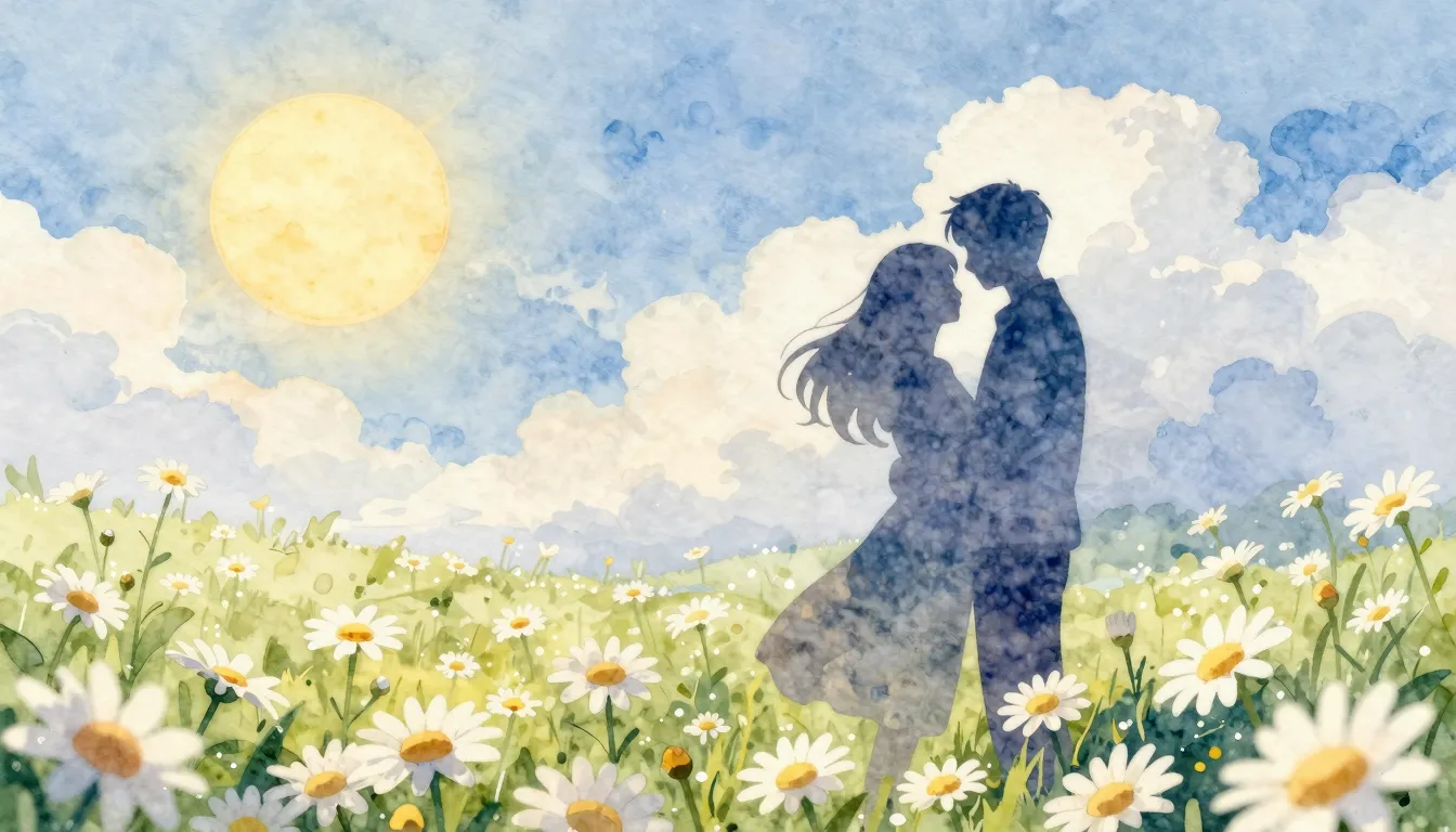 Watercolor style. A silhouette of a couple hugging in a fiel...