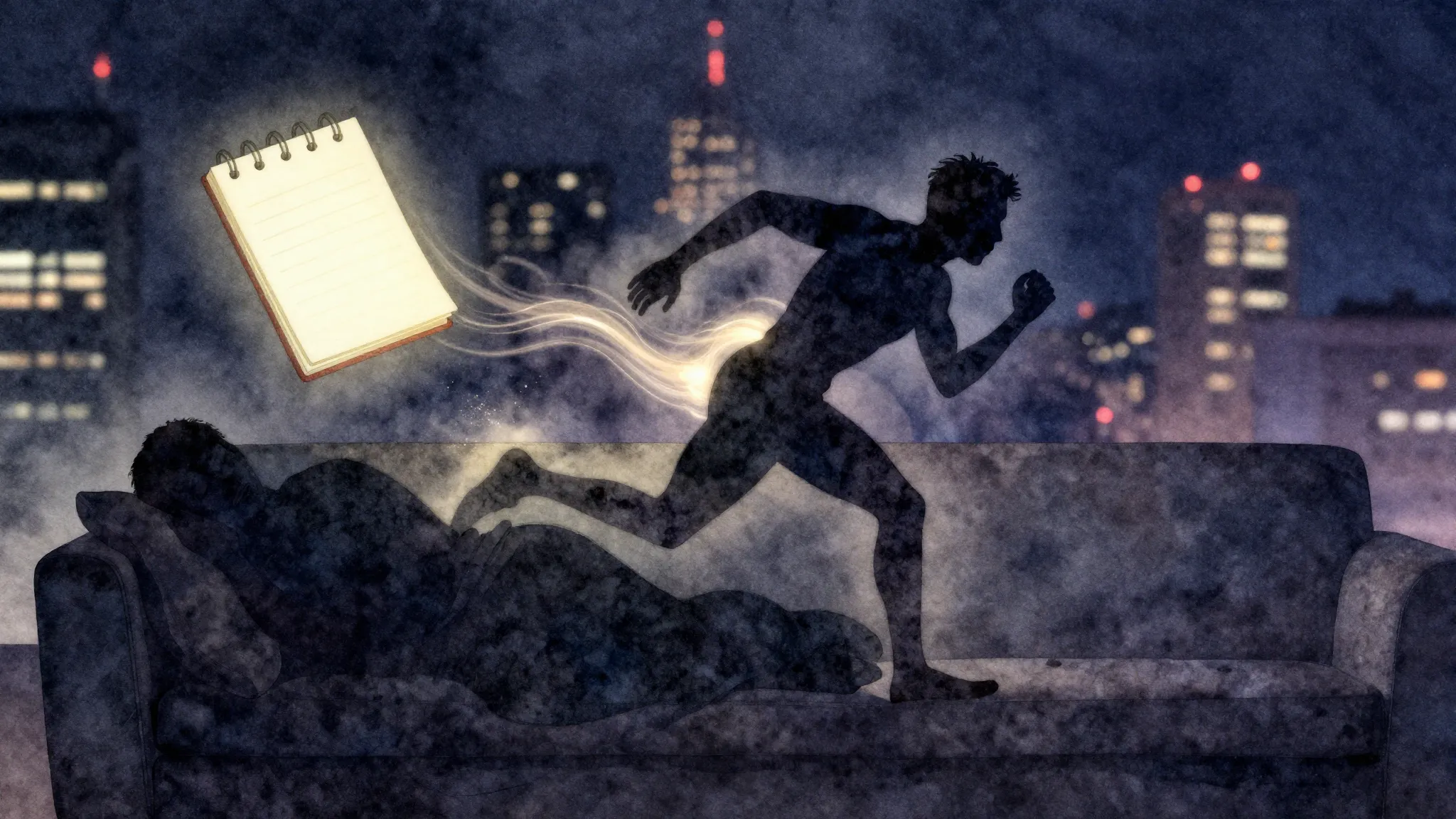 Watercolor style. Silhouette of a fast running figure leavin...