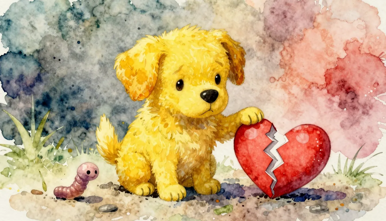 Vibrant watercolor style. A small yellow dog, a worm, and a ...