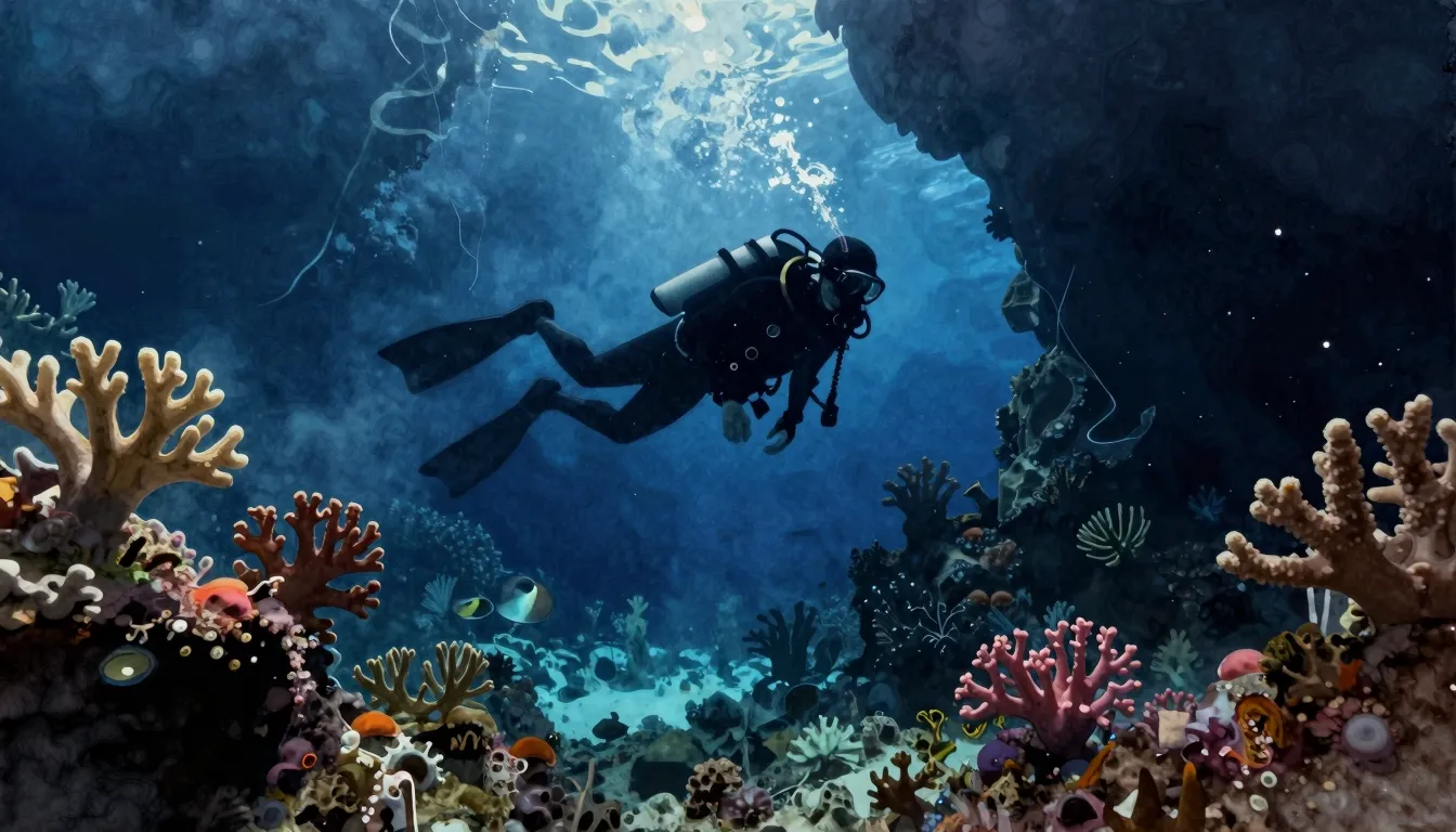 Watercolor style. A silhouette of a diver exploring a deep u...