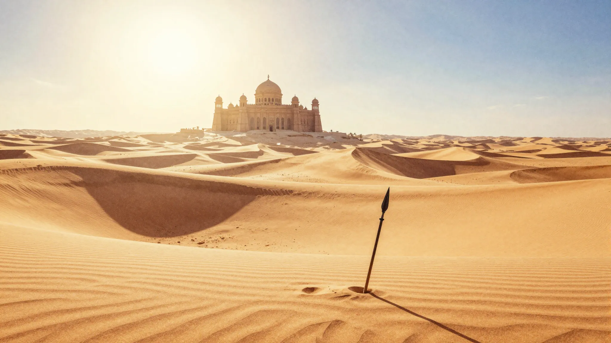 Watercolor style. A vast desert landscape with golden sand d...