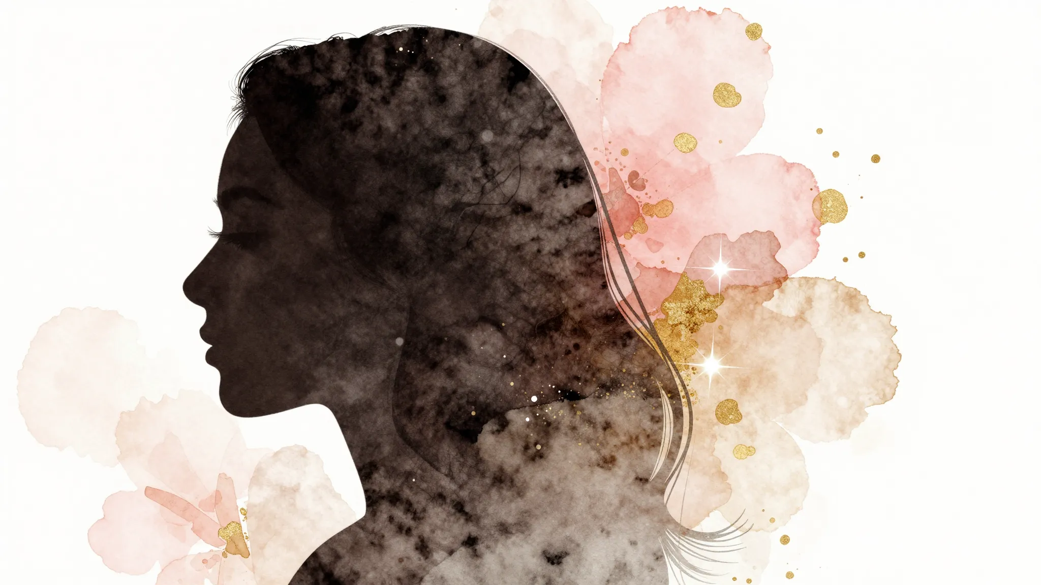 Watercolor style. Silhouette of a woman's profile with long ...