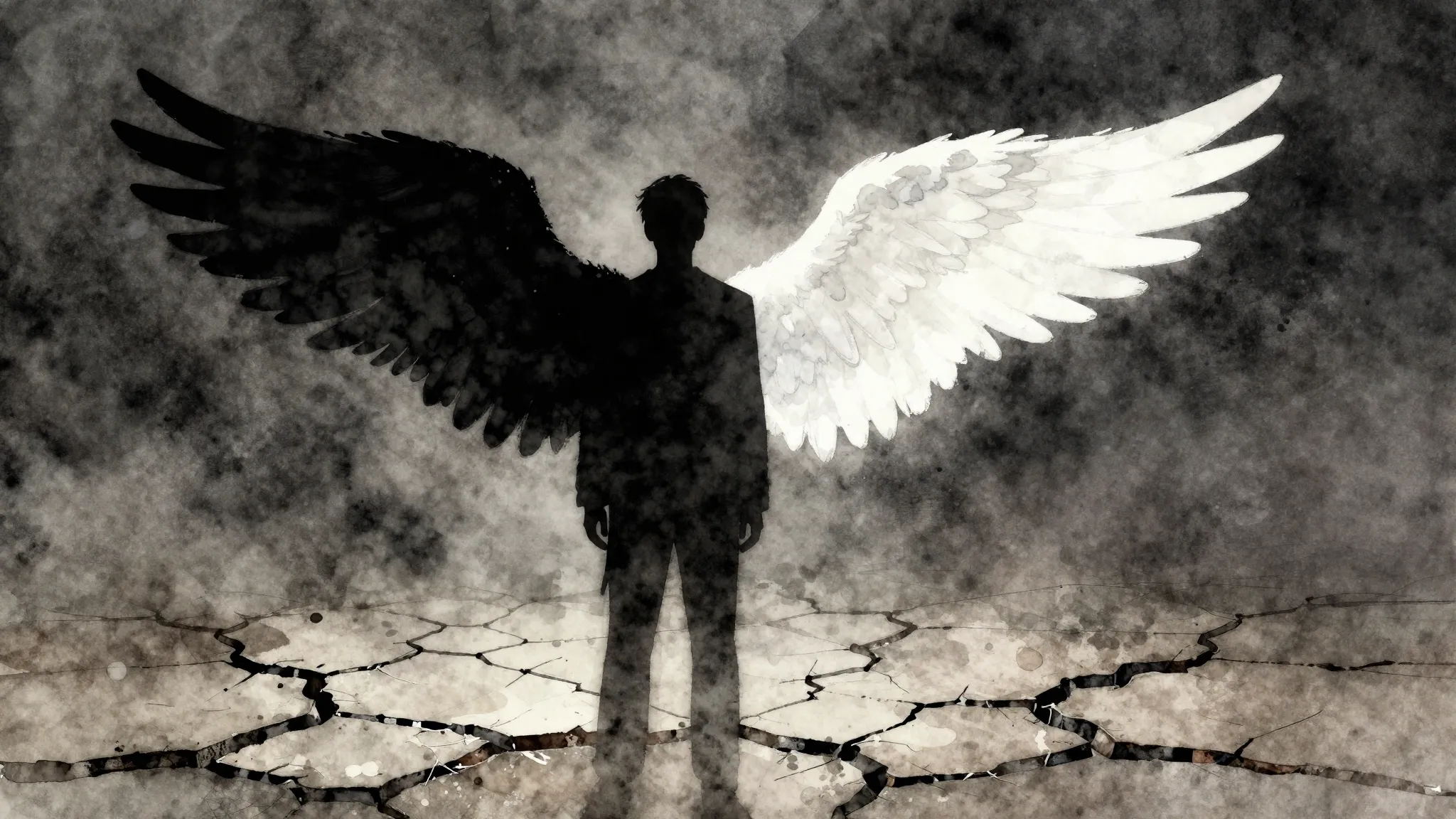 Watercolor style. Silhouette of a figure with one white wing...