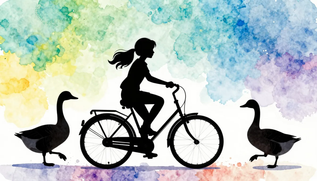 Watercolor style. Silhouette of a girl riding a bicycle, two...