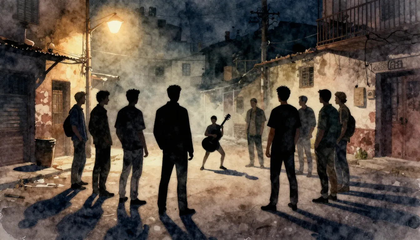 Watercolor style. A dimly lit courtyard at night, silhouette...