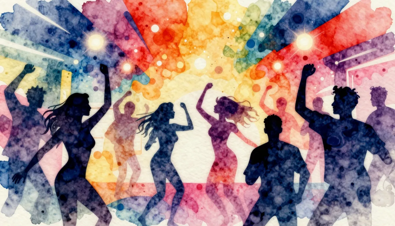 Vibrant watercolor style. Dynamic dance party, vibrant energ...