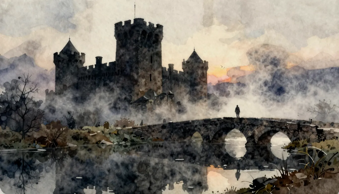 Watercolor style. A dark, imposing silhouette of a medieval ...