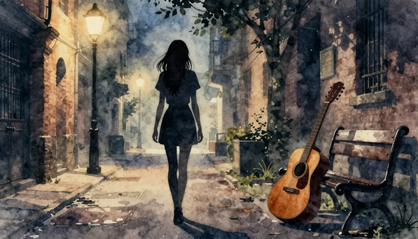 Watercolor style. A silhouette of a slim girl walking down a...