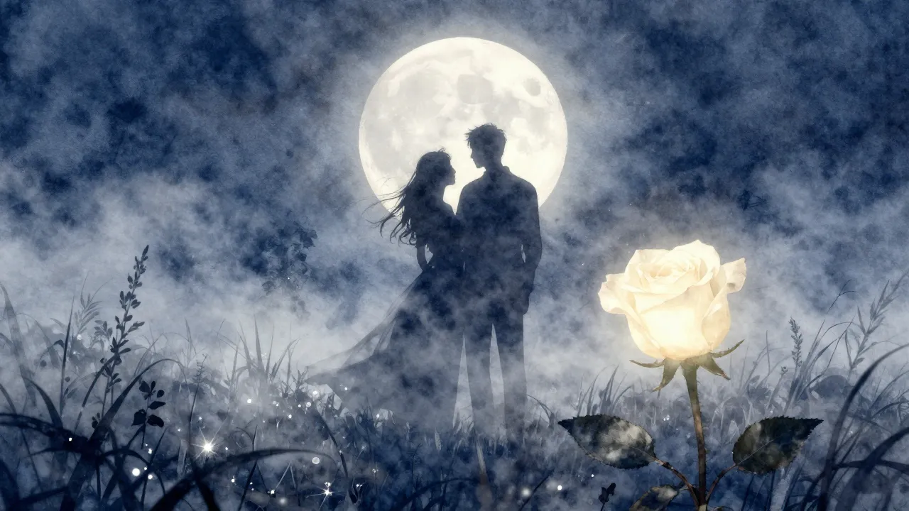 Watercolor style. A silhouette of a couple standing under a ...