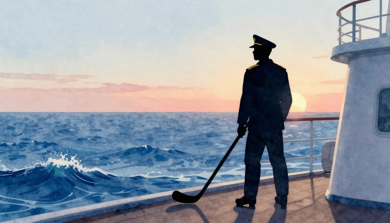 Watercolor style. Silhouette of a captain standing on a ship...