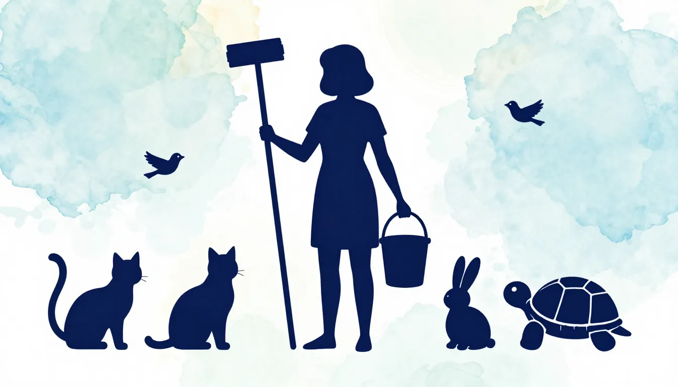 Watercolor style. A silhouette of a woman holding a mop and ...