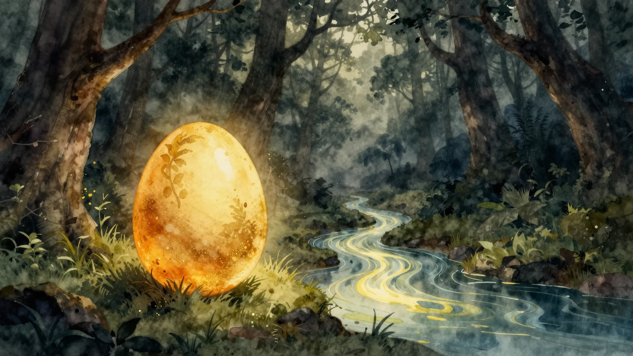 Watercolor style. Golden egg glowing in a dark forest, silho...