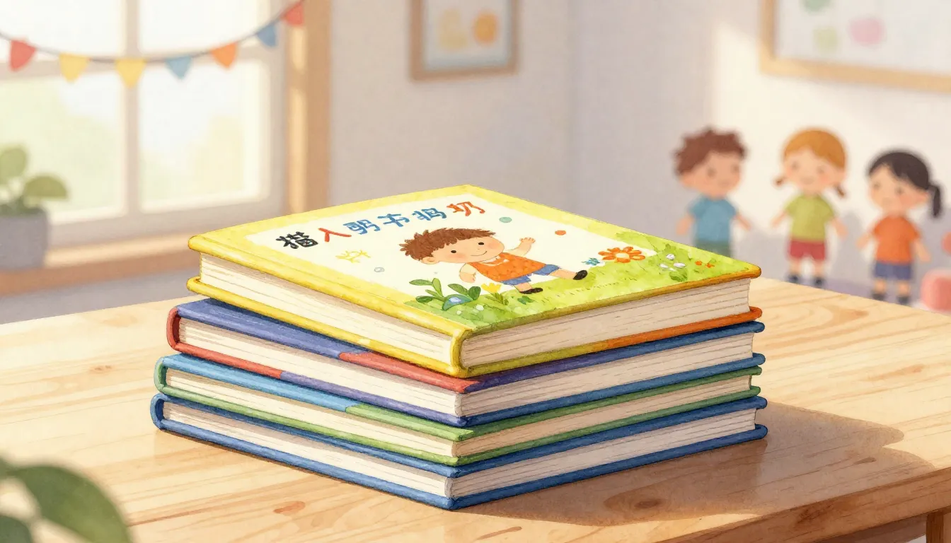 Watercolor style. A stack of bright children's books on a wo...