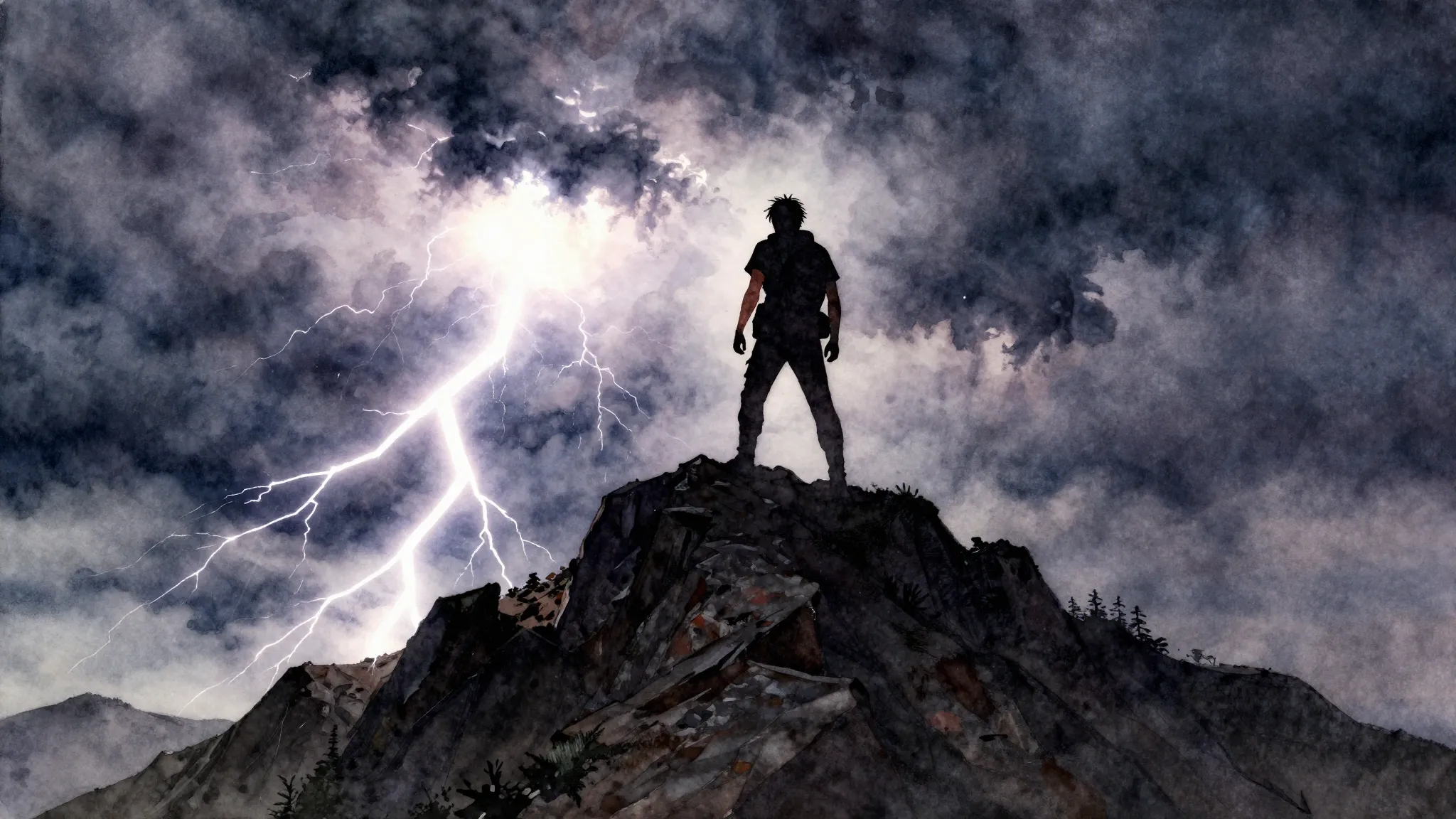 Watercolor style. A dark silhouette of a rebellious figure s...