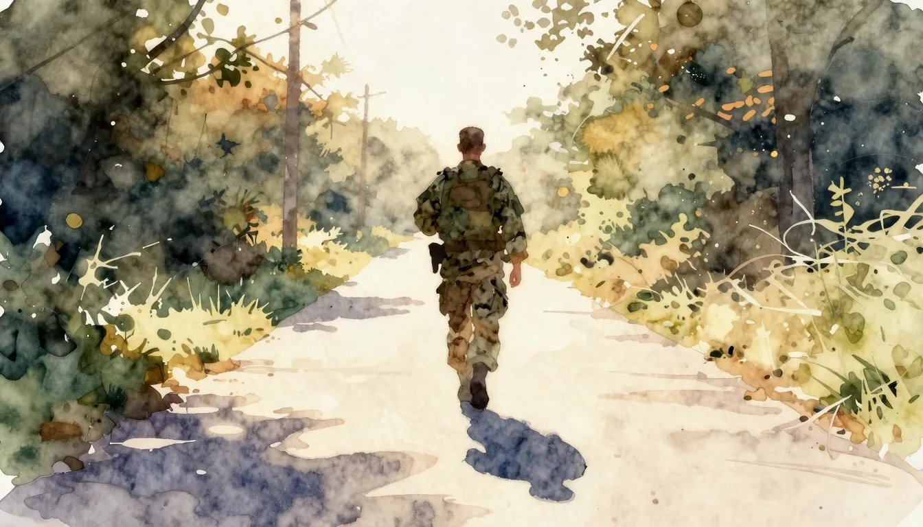 Watercolor style. Silhouette of a figure on a bright path, w...