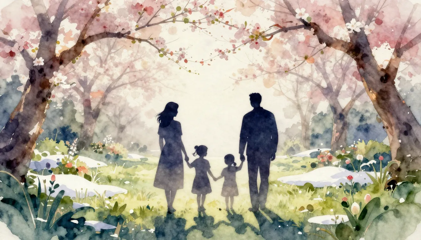 Watercolor style. Silhouette of a family in a blooming sprin...