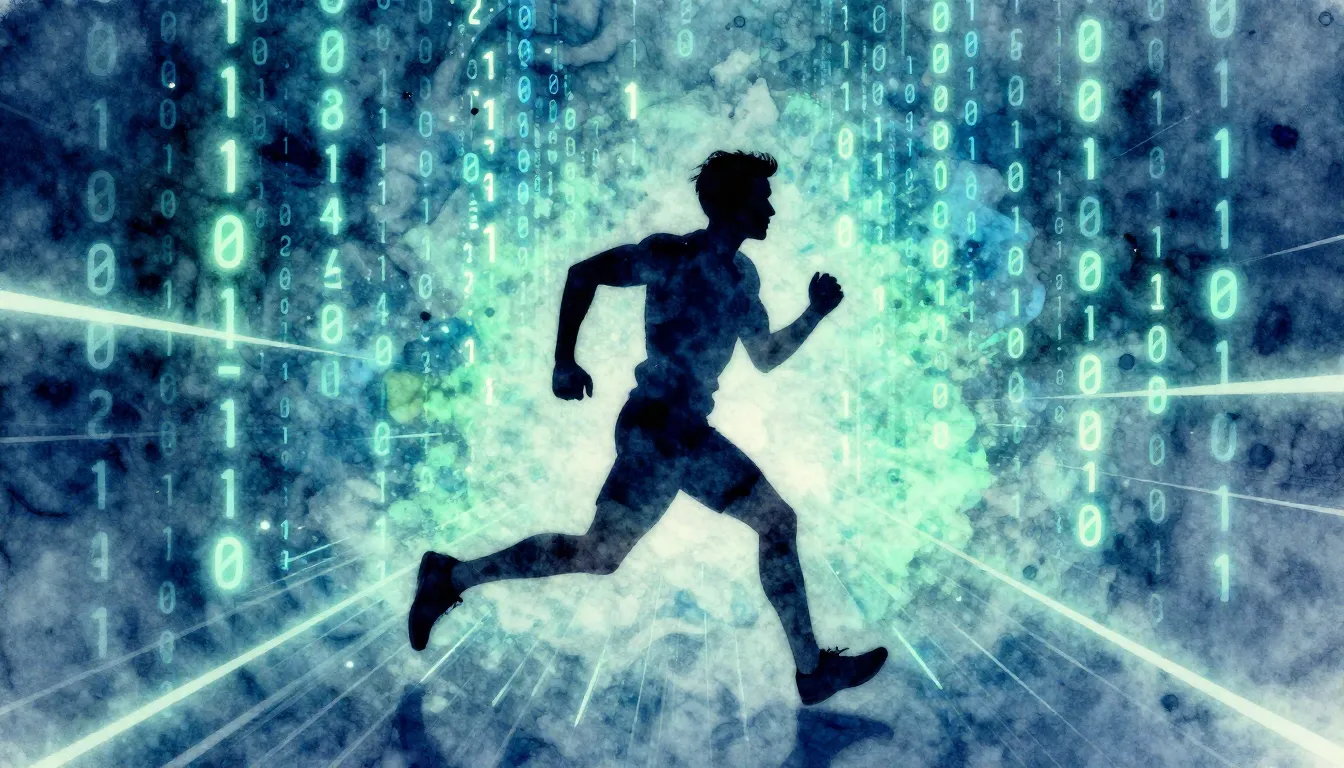 Watercolor style. A silhouette of a person running through a...