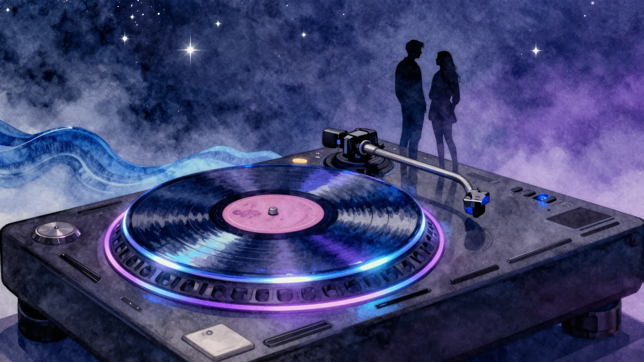 Watercolor style. A neon-lit DJ turntable with glowing blue ...