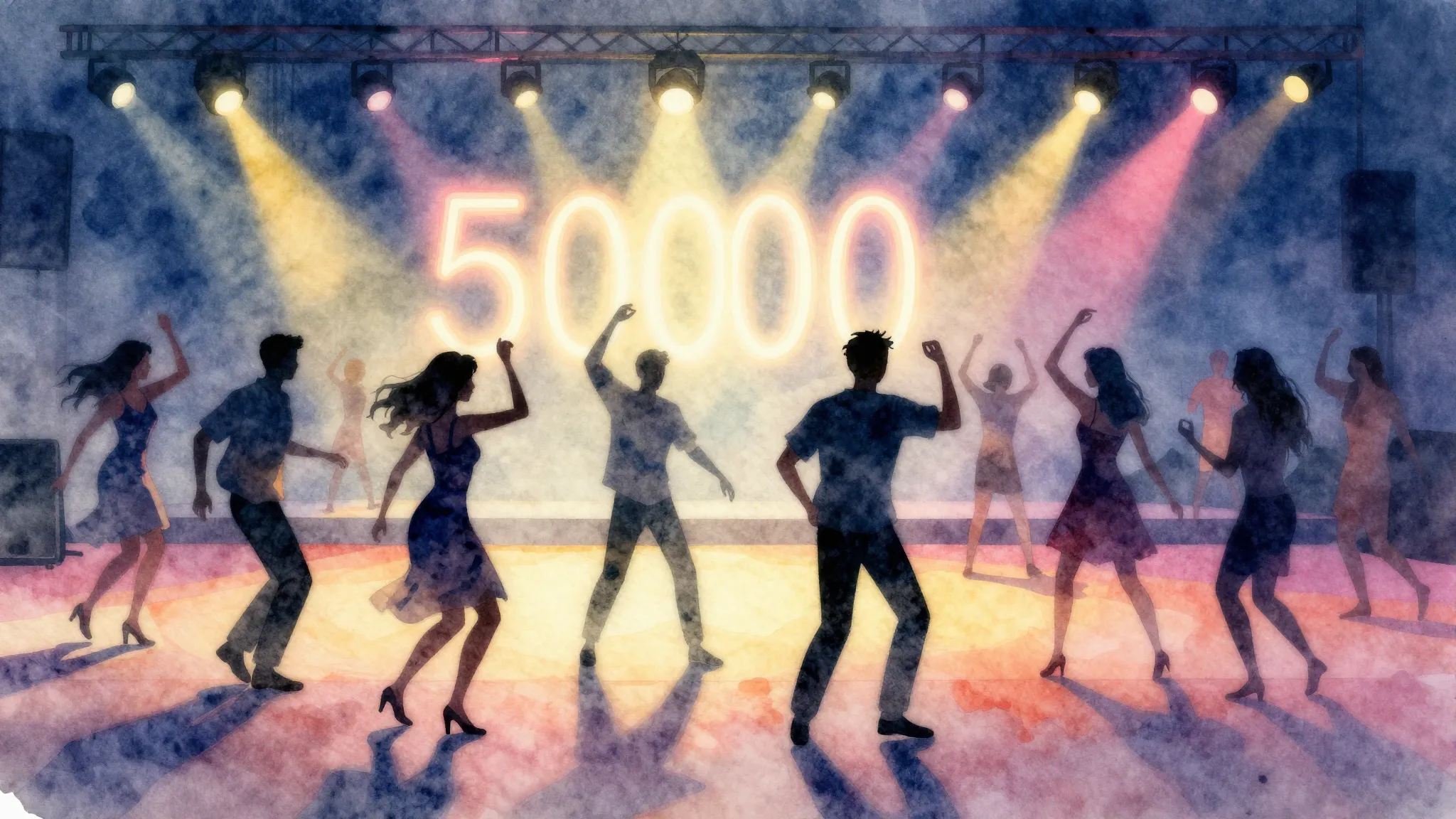 Watercolor style. A vibrant, abstract dance floor with silho...