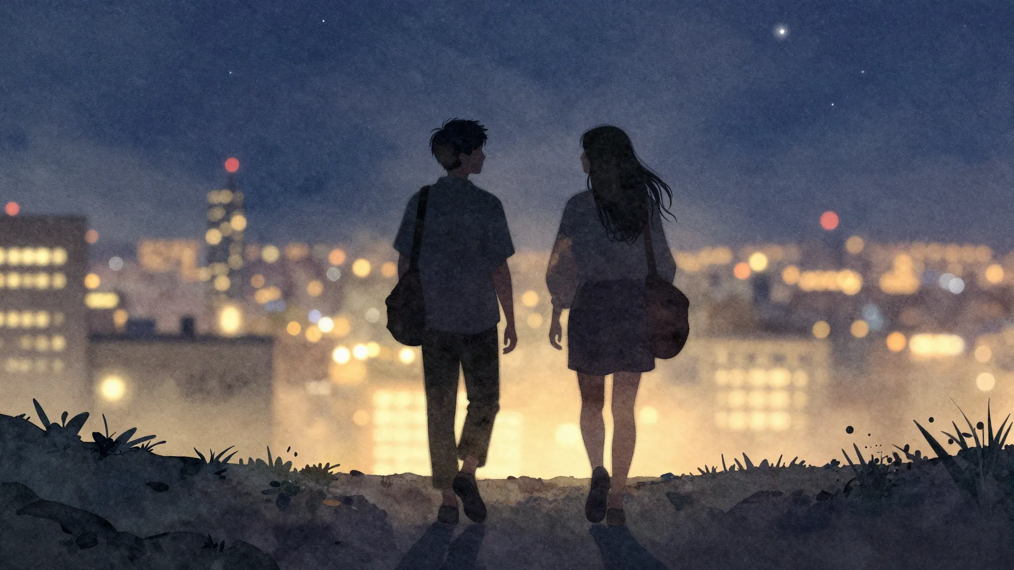 Watercolor style. Silhouette of two friends walking in a glo...