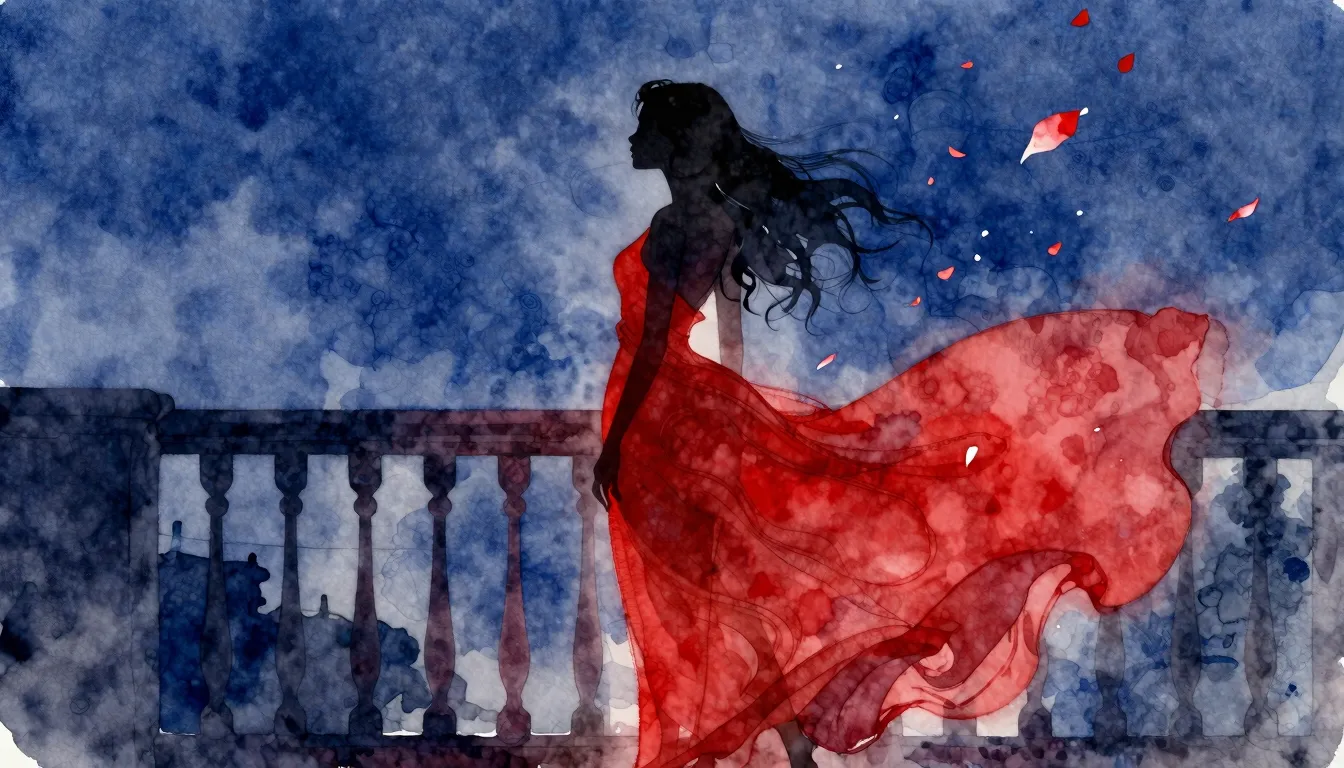 Watercolor style. Silhouette of a woman in a flowing red dre...