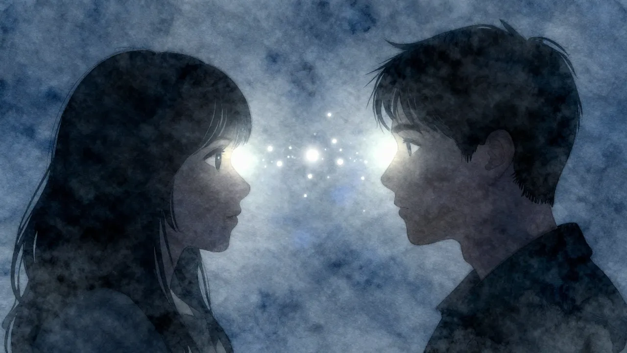 Watercolor style. Digital art, two dark silhouettes facing e...