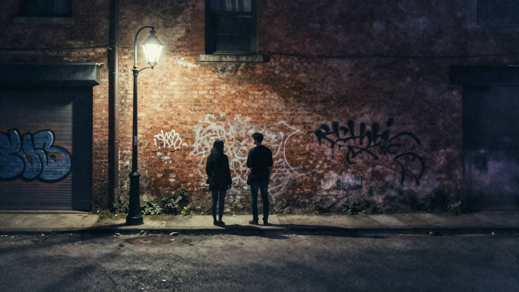 Watercolor style. A dark urban courtyard at night, silhouett...