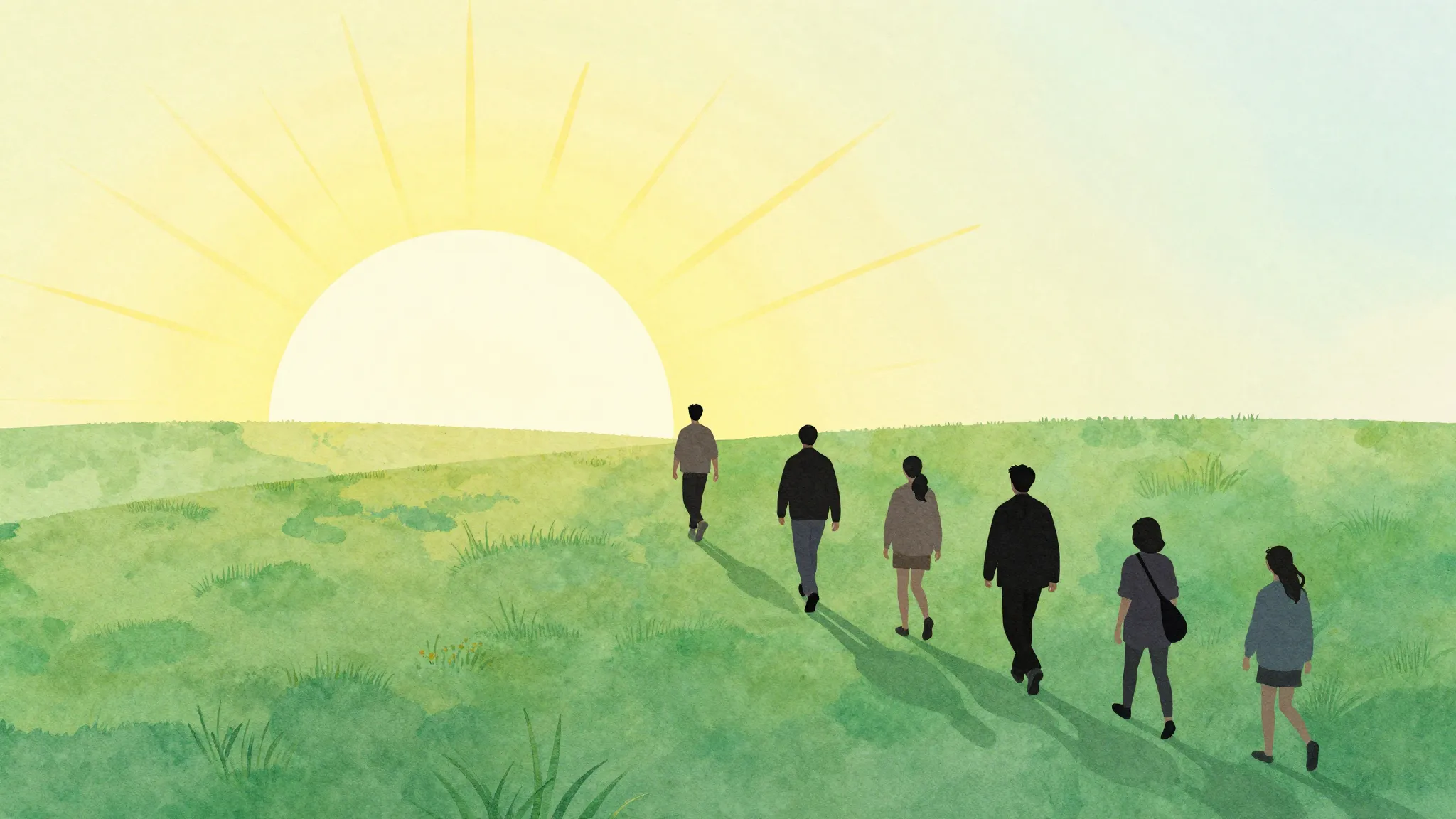 Watercolor style. Silhouettes of a group of people walking t...