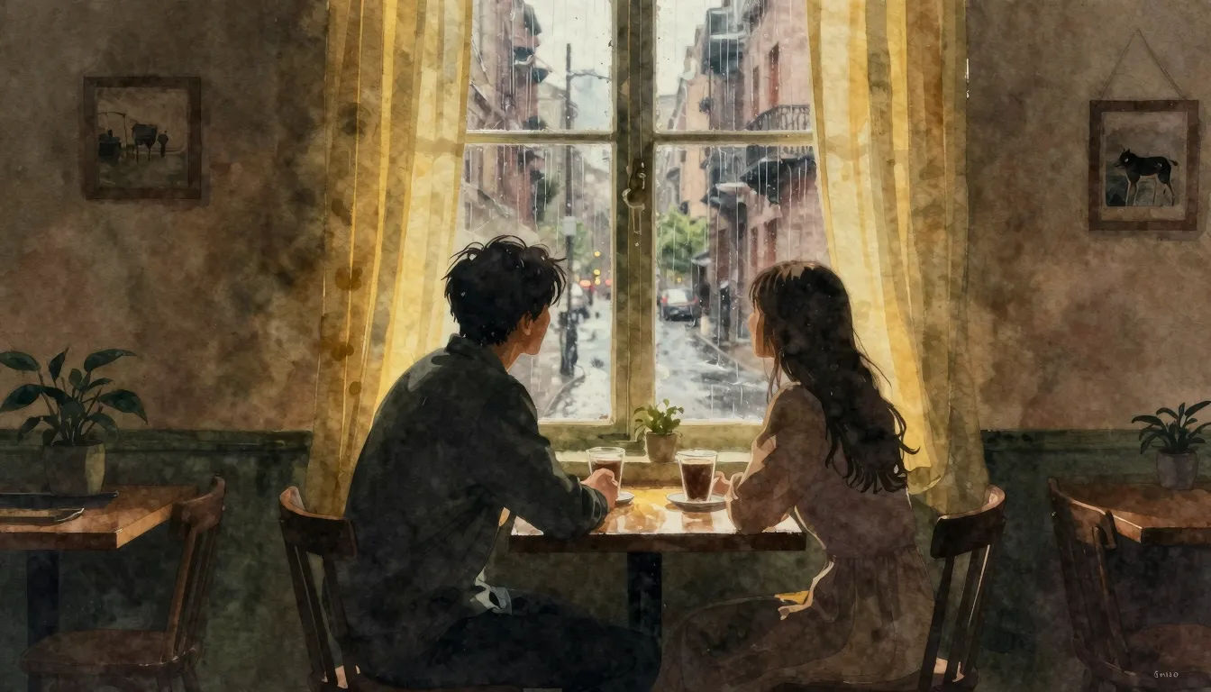 Watercolor style. A silhouette of a couple sitting at a tabl...