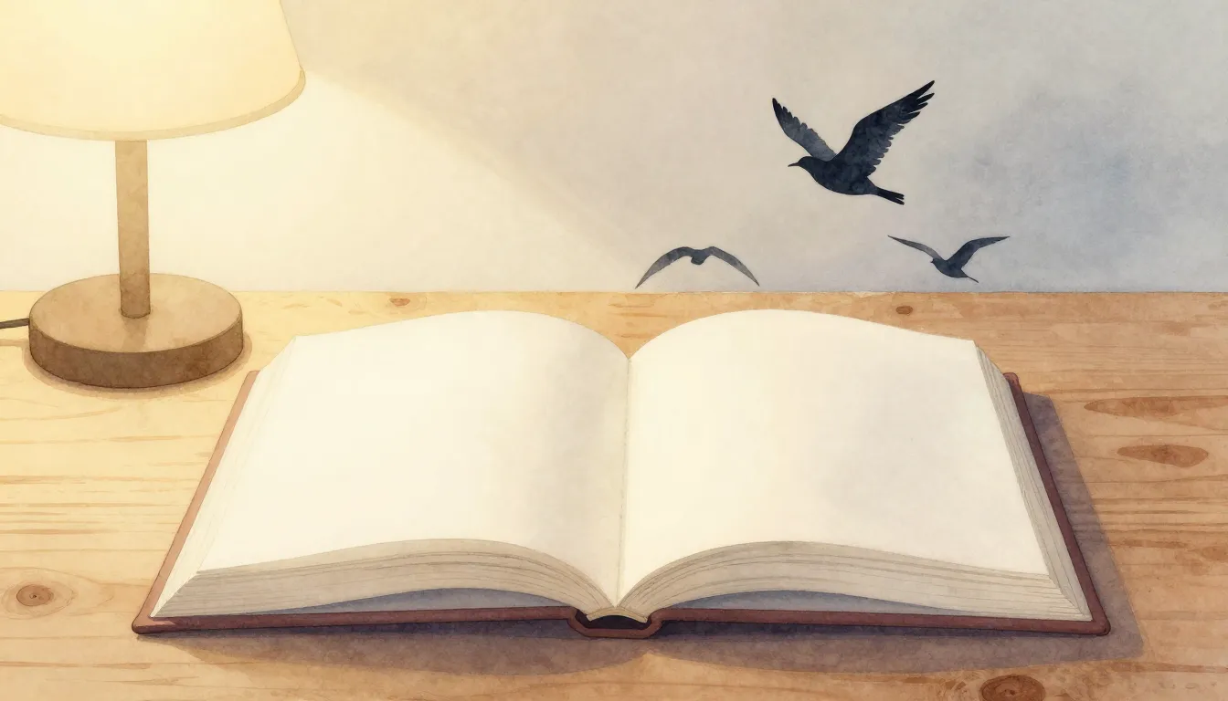 Watercolor style. An open book on a wooden table, soft warm ...