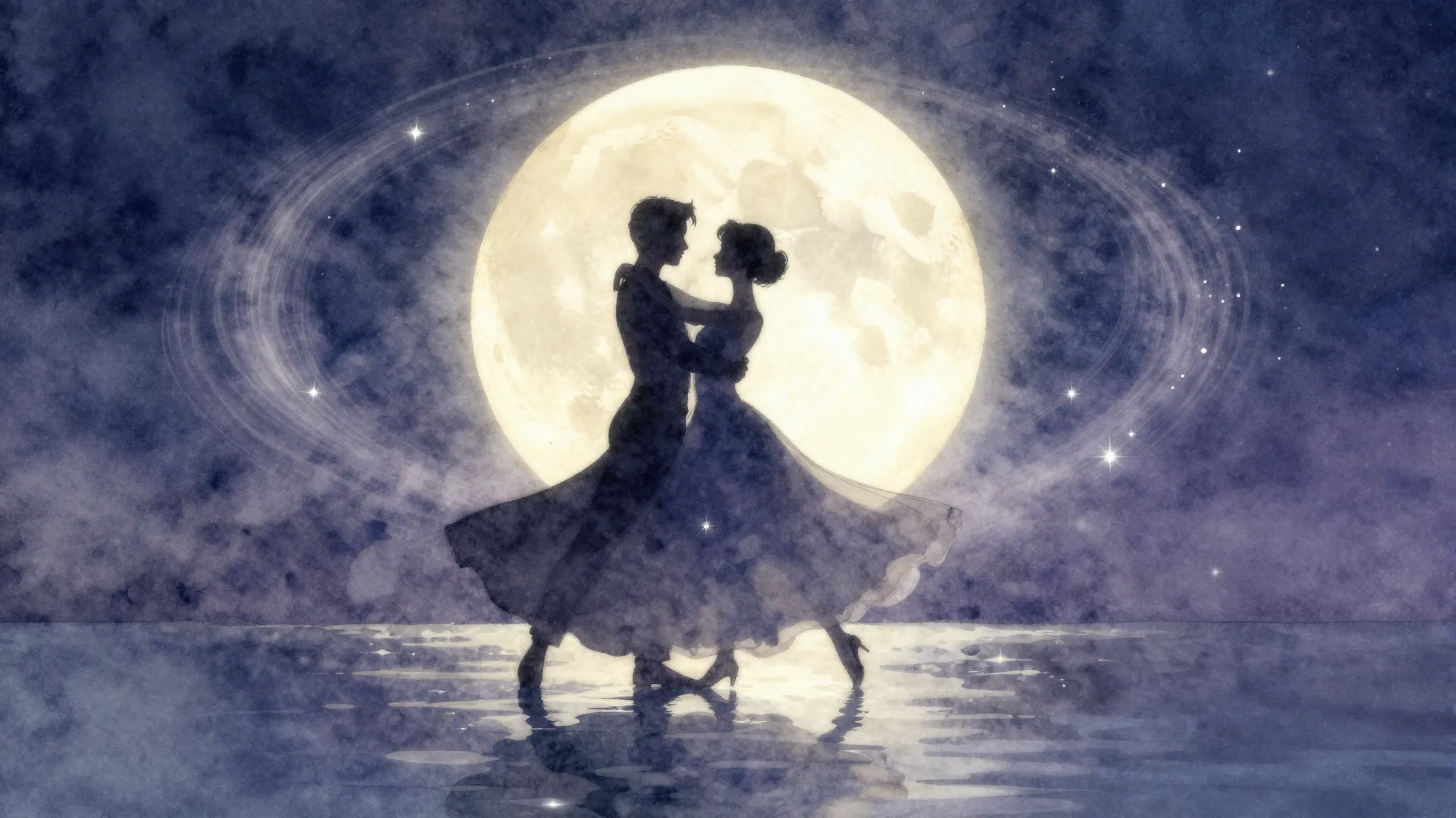 Watercolor style. A silhouette of a couple dancing a waltz u...