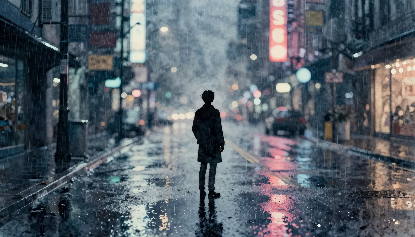 Watercolor style. A lone silhouette stands in the rain on an...