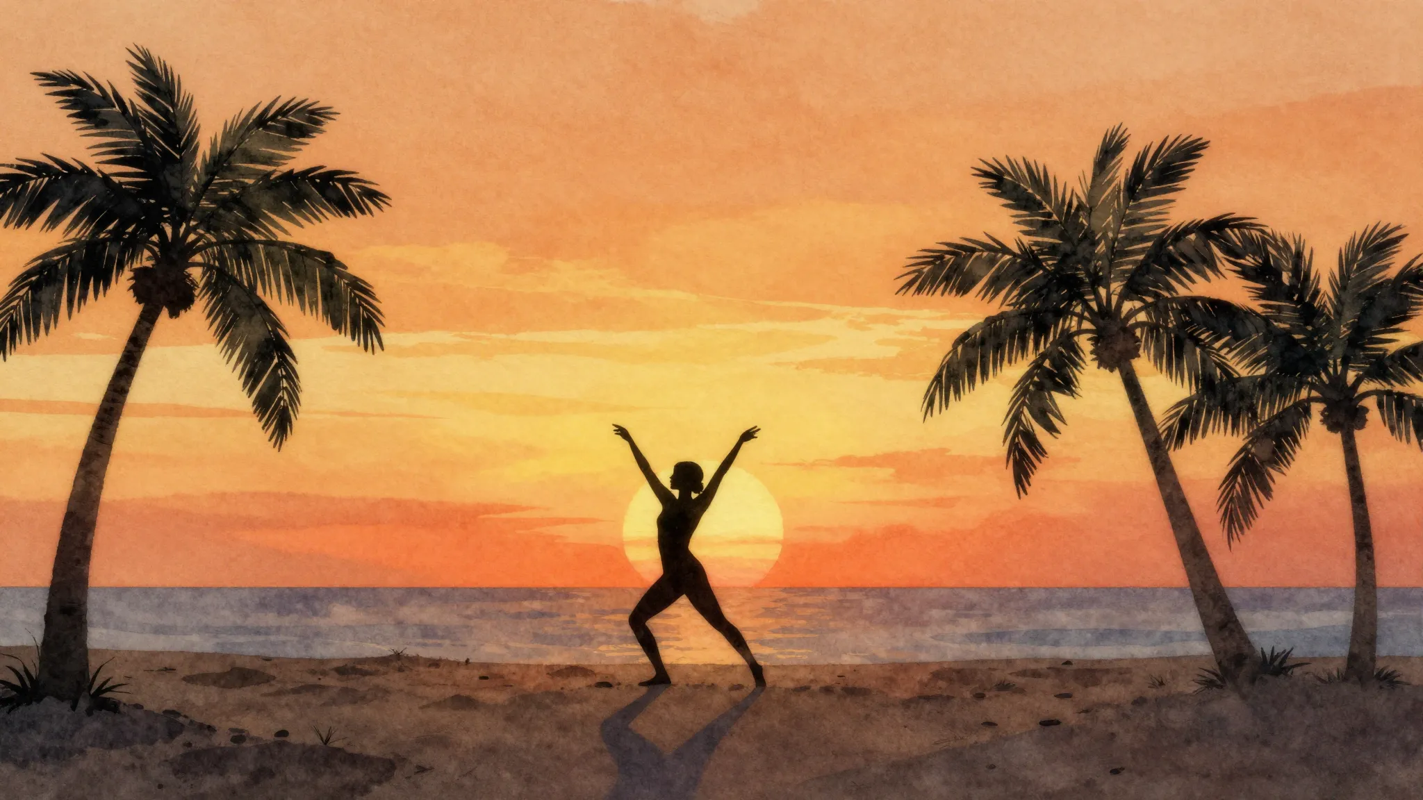 Watercolor style. Silhouette of a person dancing on a beach ...