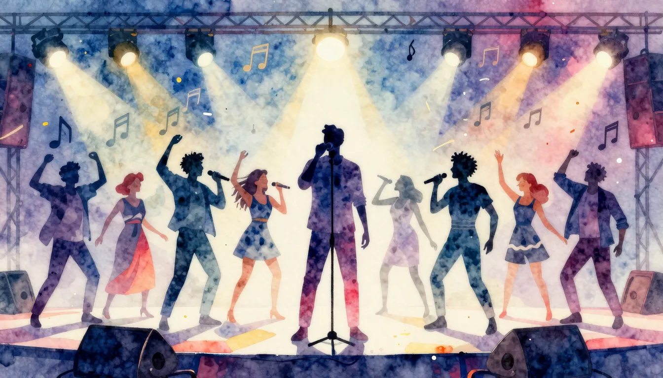 Vibrant watercolor style. A vibrant, energetic stage with sp...