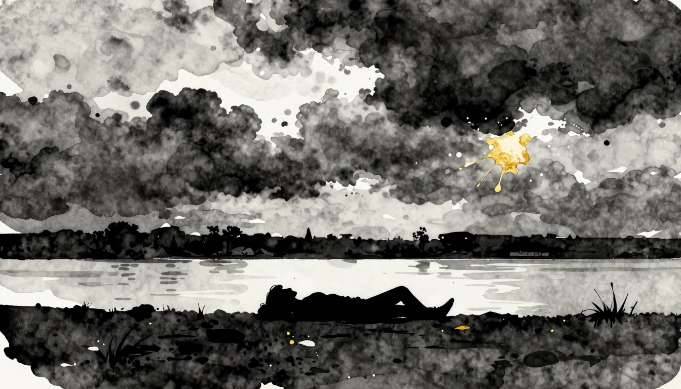 Watercolor style. A silhouette of a couple lying on a riverb...