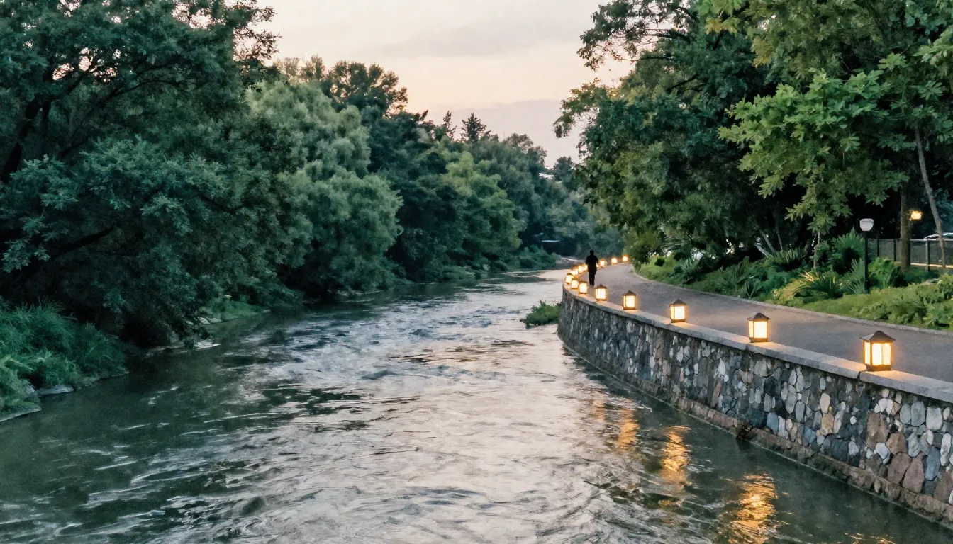 Watercolor style. A wide river flowing through a dense green...