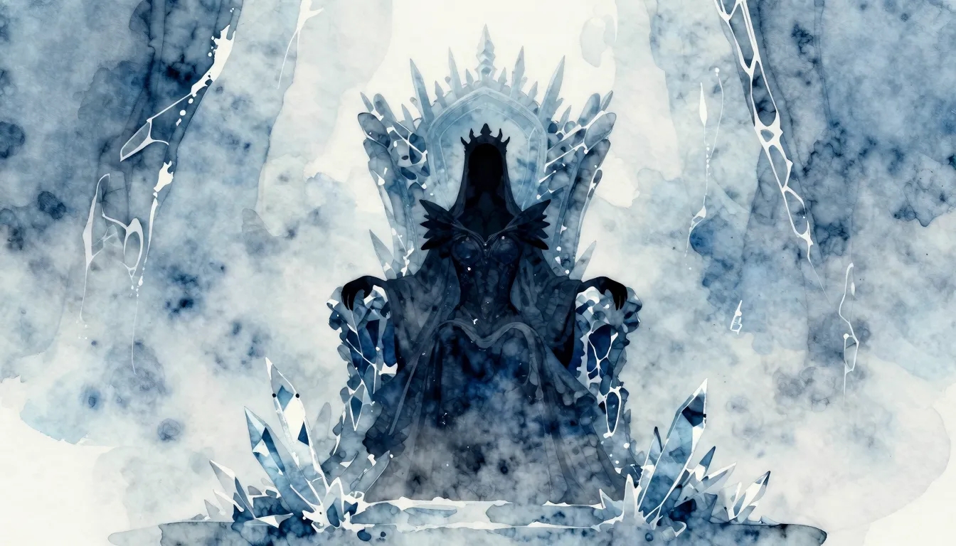 Watercolor style. A dark icy throne in a misty underworld, a...
